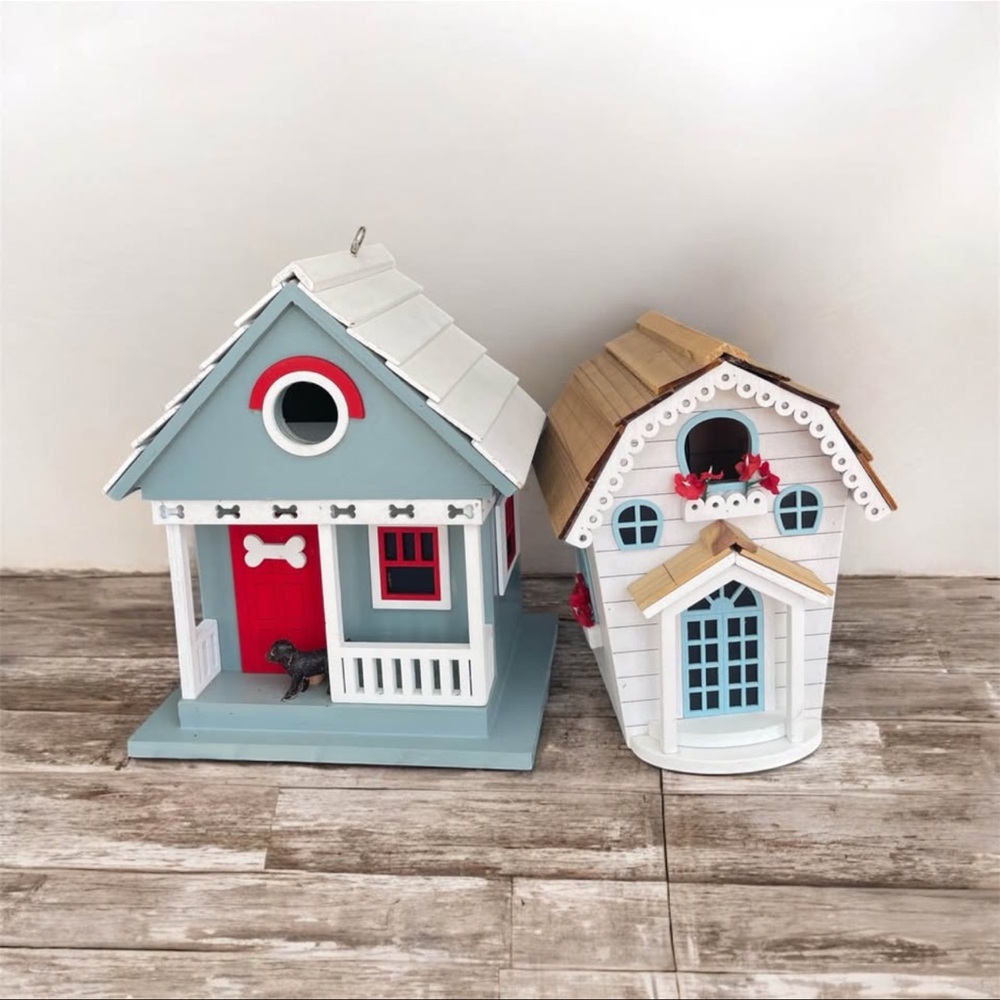 Decorative Blue & White Birdhouse Set with Red Accents